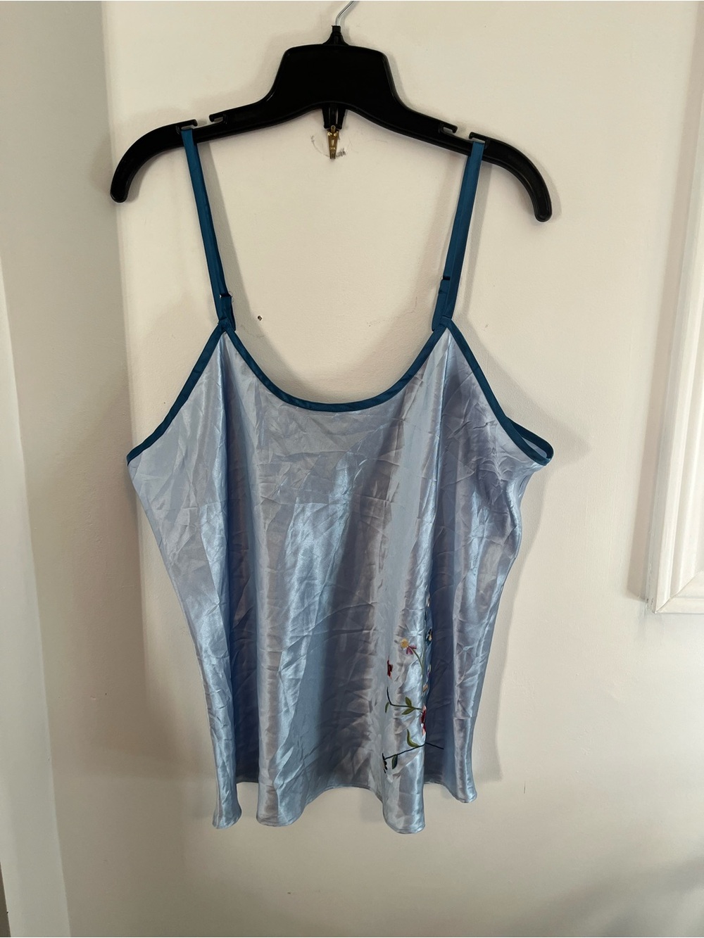 Y2K Light Blue Satin Camisole with Floral Accent - Size Large